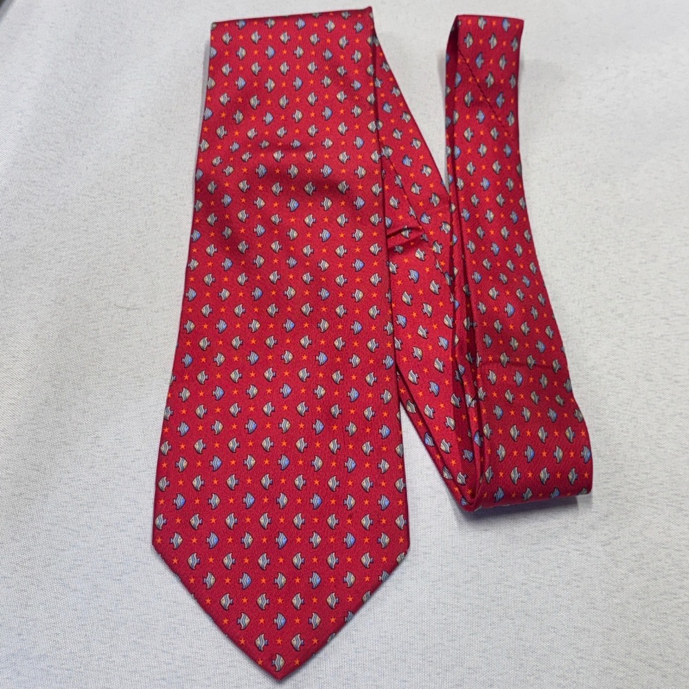 Salvatore Ferragamo Silk Tie Mens OS Red Fish Star Nautical Luxury Italian Silk